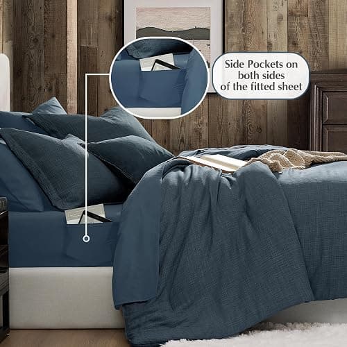 Geniospin Twin Comforter Set - 5 Pieces Comforter Twin Size, Solid Bedding Sets for All Season, Textured Bed in a Bag with Flat Sheet and Fitted Sheet, Pillowcases and Shams (Navy Blue, 66''x86'') thumbnail 5