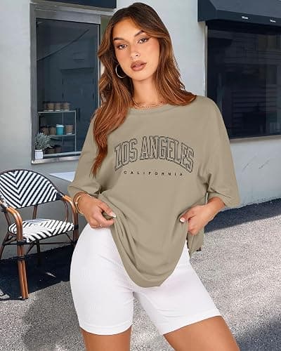 Womens Oversized Tshirt Graphic Tees Crew Neck Summer Short Sleeve Loose Fit Tops - XX-Large - A-los Letter Print thumbnail 4
