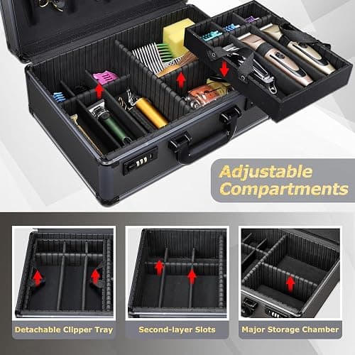 Yueieoun Professional Barber Case with Barber Clipper Tray Organizer, 6 Adjustable Clipper Slots & 8 Shear Holders, Portable Barber Carrying Case for Hair Tools & Supplies with Combo Locks thumbnail 5