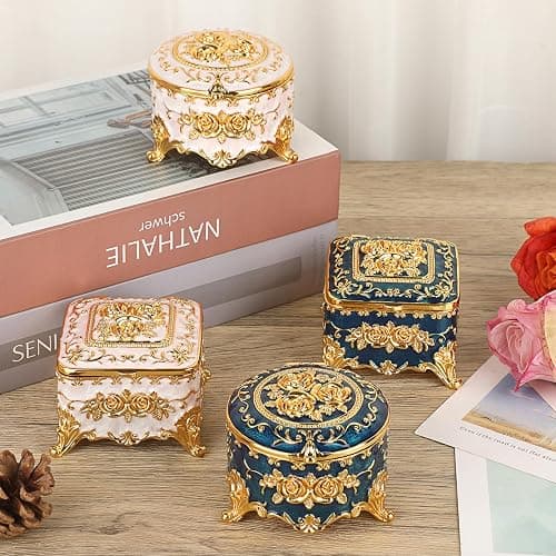 Hipiwe Vintage Round Jewelry Box Small Metal Trinket Storage Organizer | Gold Chest Ring Case Treasure Boxes Keepsake Boxes Earrings Necklace Storage Box Gift for Women thumbnail 7
