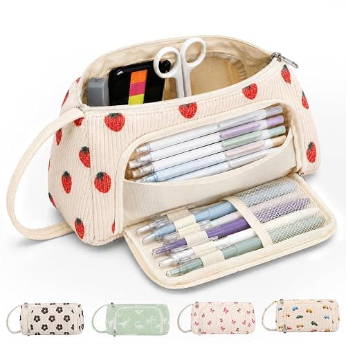 JAESITETER Big Capacity Pencil case,Soft Corduroy Pencil Bag with 3 Compartment Pouch Bag for School Supplies Office for Teen Girls Boys Women Man (Strawberry) - Image 1