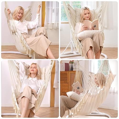 Y- STOP Hammock Chair Hanging Rope Swing, Max 500 Lbs, 2 Cushions Included, Large Macrame Hanging Chair with Pocket for Superior Comfort, with Hardware Kit (Beige) thumbnail 7