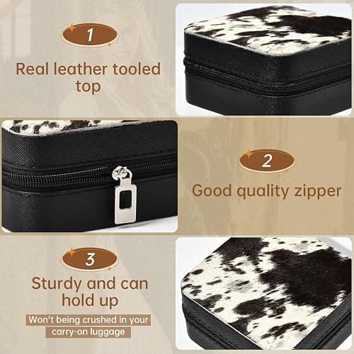 DEEKA Western Jewelry Box Case Real Leather Cow Print Cowhide Tooled Travel Jewelry Organizer Gifts Christmas Gifts for Women Country Girls Cowgirl Stuff Portable Travel Accessories -Black thumbnail 6