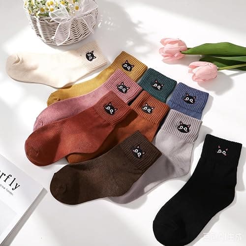 soxitoevy 10 Pairs Women Crew Socks Cute Embroidery Cotton Socks | Soft Cotton Blend, Embroidery Pattern, Elastic Ribbed Cuff, Mid-Calf Length, Ideal Gifts for Women Girls or Friends thumbnail 5