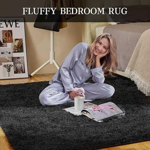 KNZE Super Soft Area Rugs for Living Room 5x7 Black, Fluffy Furry Shaggy Fuzzy Area Rug, Upgrade Anti-Skid Rectangular, High Pile Soft Throw Rug for Bedroom and Kids Room, Home Decor Aesthetic thumbnail 2