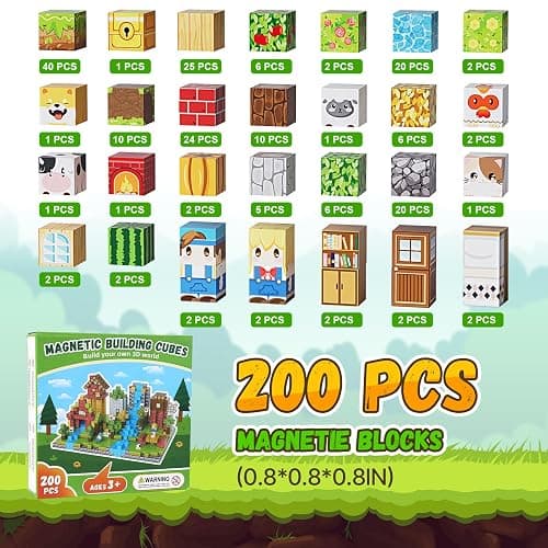 Fitrobust 200PCS Magnetic Building Blocks Set, Magnetic Tiles Kids Build Cubes STEM Game Toys, Build Forest World Set, Christmas Birthday Gifts for Boys & Girls Age 3 4 5 6 7 8 9 10, 0.8 in Size thumbnail 3