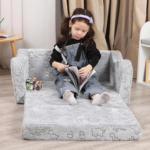 MOMCAYWEX Kids Sofa, 2-in-1 Flip-Out Foam Couch with Soft Sherpa Cover, Cozy Play Lounge Chair, Extra Wide, Glow in The Dark Grey thumbnail 5