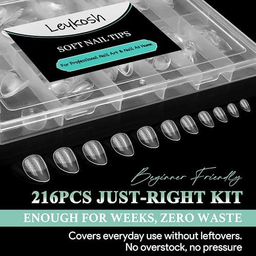 LEYKOSH Extra Short Almond Nail Tips - 216pcs Soft Gel Full Cover Fake Nails, 70-Grit Pre-Sanded Matte Clear Press on Nails for Extension, DIY Home Manicure with 12 Sizes thumbnail 8