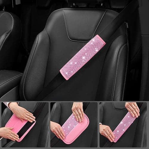 CAR PASS Bling Pink Car Accessories Set for Women, Sparkly Rhinestone Diamond Steering Wheel Cover Seat Belt Cushion Glitter Shift Knob Cover Car Cup Holder Coaster Cute Interior Sets, Pink 22 PCS thumbnail 6