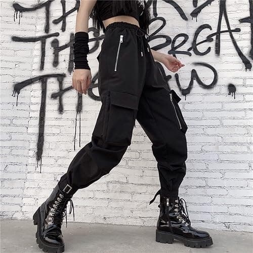 MEINVQIAOTI Black Cargo Pants Women Loose Chained Multi-Pocket Multi-Zip Punk Goth Pants thumbnail 2