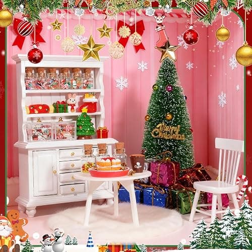 Rileryan 1:12 Scale Mini Christmas House Accessories Kit Christmas Miniatures Decorations Miniature Wooden Furnitures Bookshelf Desk Chair thumbnail 6