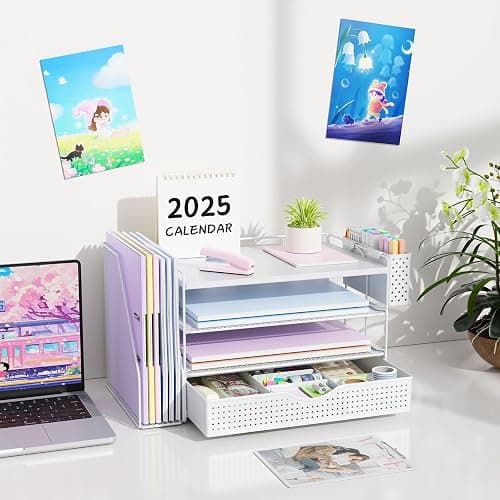 gianotter Wood Desk Organizers and Accessories with File Holder, 4-Tier Desk Accessories & Workspace Organizers with Drawer and Pen Holder, Paper Organizer for Office Supplies (White) thumbnail 7