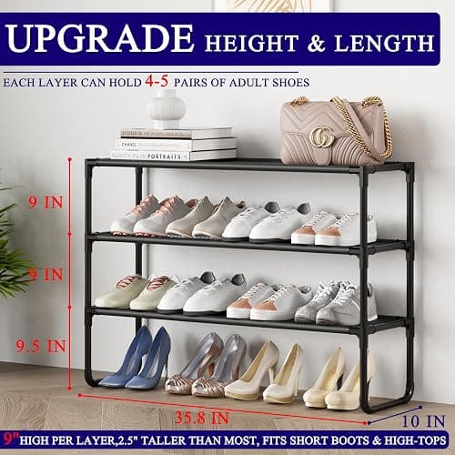 COAPUKT Long Shoe Rack, 3-Tier Stackable Shoe Organizer for Closet, Entryway, Hallway, Extra Bottom Layer, Holds 16-20 Pairs, Sturdy & Durable Waterproof Fabric Shelf, Space-Saving,Black(35.8" Wide) thumbnail 2