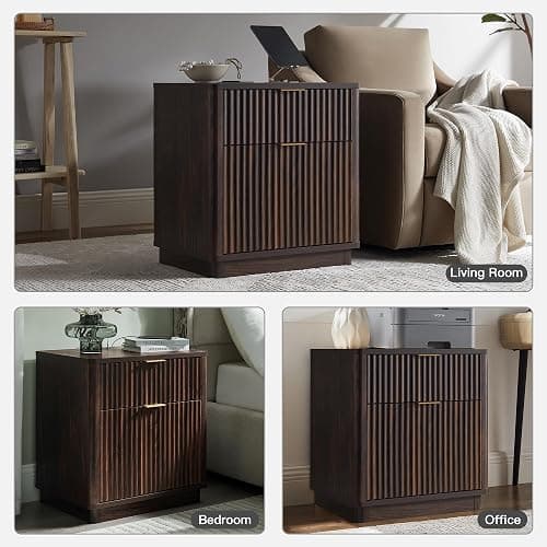 T4TREAM 23'' Fluted Nightstand Set of 2 with Charging Station, Large 2 Drawer Bedside Table, Modern End Table with Storage, Mid Century Night Stand for Bedroom Living Room, Curved Profile, Dark Walnut thumbnail 7