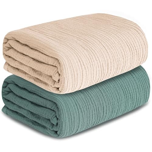 Muslin Swaddle Blankets for Newborn, 2 Pack Breathable Soft Receiving Blanket, Large 41 x 41 inches Swaddle Wrap Burping Clothes, Essentials Infant Shower Items. (Beige & Green) - Image 1