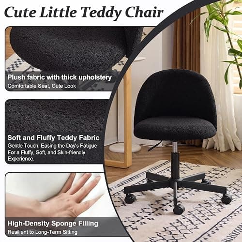VINGLI Cute Candy Chair Armless Comfy Small Office Desk Vanity Chair with Wheels & Lumbar Support,Teddy Adjustable Rolling Swivel Computer Task Ch for Home Office,Bedroom,Black thumbnail 5