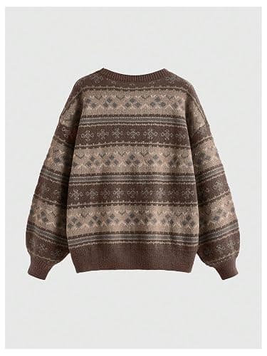 MakeMeChic Women's Winter Christmas Sweaters Grandpa Vintage Striped Oversized Long Sleeve Crew Neck Brown Knit Sweater thumbnail 2
