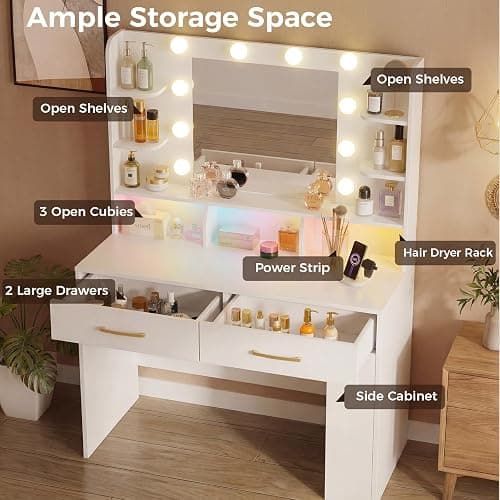 LUCKRACER Vanity Desk with LED Lights Mirror & Charging Station, Makeup Vanity with Storage Drawers and Shelves, Modern Dressing Table for Women Girls Bedroom, Ivory White thumbnail 6