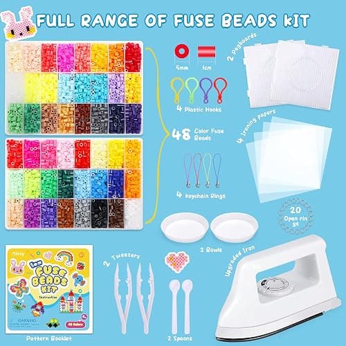 Pllieay 5mm Fuse Bead Kit with Upgraded Iron, 48 Colors Melty Beads for Craft, Iron Beads Set Including 2 Pegboards, Ironing Paper and Chain Accessories for Arts Crafts Easter Christmas Birthday thumbnail 4