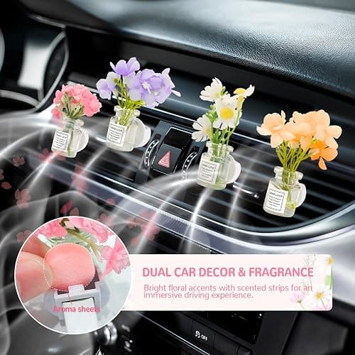 CusDusk 4 Pack Flowers Car Vent Clips, Cute Daisy Plants Vase Air Conditioning Outlet Clip with Fragrance Pads, Charm Scent Perfume Automotive Interior Decorations for Women thumbnail 3