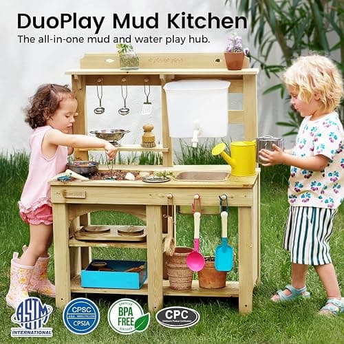 Tiny Land Outdoor Mud Kitchen for Kids, Wooden Play Kitchen with Water Tank, Water & Cooking Play, Sensory Fun, Weather-Resistant with Storage, Ideal for Toddlers Ages 3+ thumbnail 3