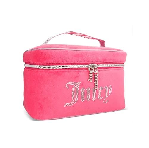 Juicy Couture Pink Silver Makeup Bag Cosmetics Organizer Travel Essentials Train Case Velour Rhinestones - Image 1