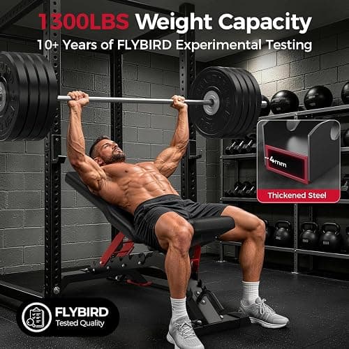 FLYBIRD WB7 Weight Bench, Commercial Grade Adjustable Weight Bench - 1300LBS Workout Bench for Home Gym, Flat Incline Bench Press Heavy Duty Bench with 34'' Extra-Long Backrest and Easy-Roll Wheels thumbnail 2