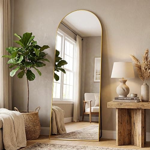 Antok 58" x19” Arched Full Length Mirror, Floor Mirror with Stand,Gold | Shatter-Proof Glass, Floor Standing&Hanging&Leaning, Full Body Mirror with Stand Aluminum Alloy Frame for Bedroom Livingroom thumbnail 3