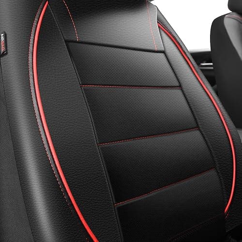 CAR PASS Universal FIT Piping Leather Two Front Seat Covers, Waterproof Faux Leather for SUV Sedan Van Truck, Airbag Compatible,Reserved Opening Holes for Headrest Covers. (Black red) thumbnail 5
