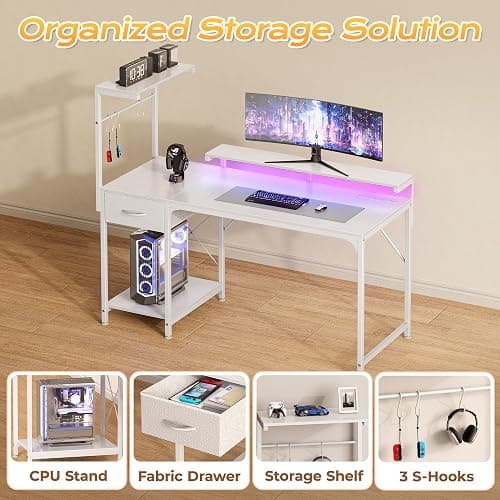 PRAISUN 47.2 Inch Gaming Desk with LED Lights & Power Outlets | Computer Desk with Drawer & Storage Shelves, Office Writing Desk with Monitor Stand for Work from Home, White thumbnail 7