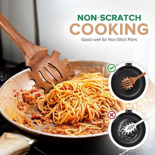 Wooden Spoons for Cooking,2 Pcs Wooden Utensil Set of Soup Ladle &Spaghetti Pasta Spoon with Teeth, Teak Wood Soup Ladle&Slotted Pasta Fork Strainer Spoon Set for Serving Collecting Noodle Gravy Sauce thumbnail 5