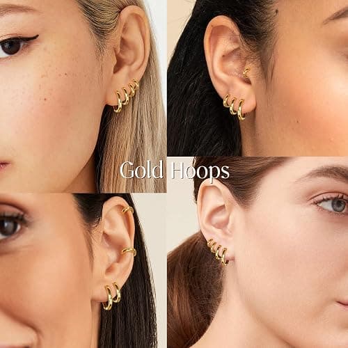 Small Gold Huggie Hoop Earrings Set for Women Men Hypoallergenic 14K Plated Stack Cartilage Earrings, Multiple Piercing Lightweight Mini Thin Cute Dainty Trendy Jewelry Set Christmas Gifts for Women thumbnail 4