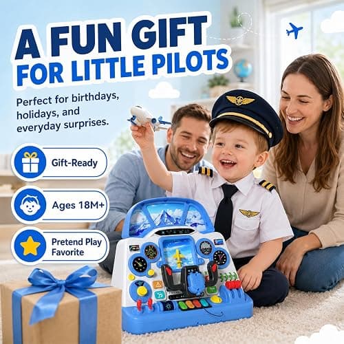Airplane Steering Wheel Simulator Toy for Toddlers, Interactive Pilot Dashboard with Lights & Sounds, Sensory Pretend Play Learning Toy, Screen-Free STEM Educational Gift for Boys & Girls Ages 18M+ thumbnail 9