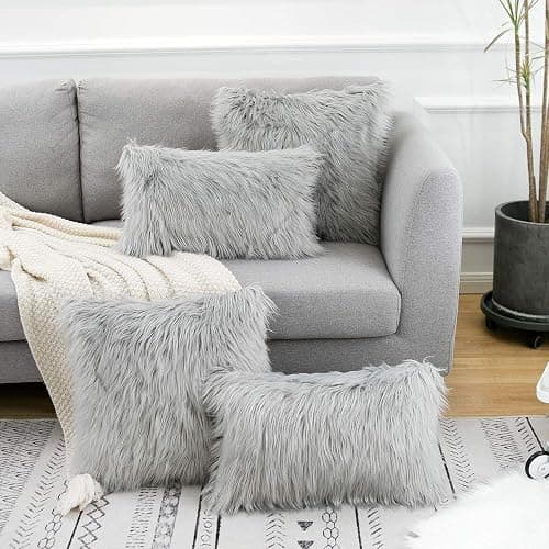 WLNUI Set of 2 Light Grey Decorative Lumbar Fluffy Pillow Covers New Luxury Series Merino Style Faux Fur Throw Pillow Covers Fuzzy Cushion Case Spring Easter Home Decor 12x20 Inch thumbnail 5