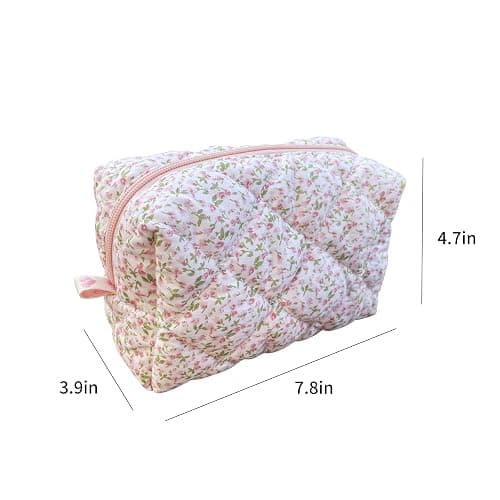 ZUNUONUO Cotton Quilted Makeup Bag Coquette Accessories Make up Bag Organizer Cute Floral Cosmetic Pouch Travel Makeup Bag for Women (Little Roses) thumbnail 3