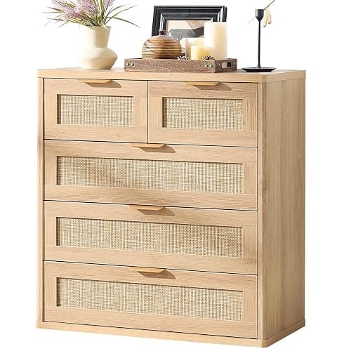 LEYAOYAO Rattan Dresser for Bedroom, 33.5" Tall Chest of Drawers, Modern 5 Drawers Boho Dressers with Storage, Light Oak Dresser Wooden Closet Organizer for Living Room, Hallway, Natural Wood - Image 1