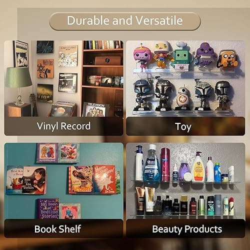 8 Pack Vinyl Record Holder 12 inch Clear Acrylic Shelf, No Drill Floating Book Shelves Display Shelf Vinyl Record Storage & Display, Album Wall Mount Kids Bookshelf Acrylic Floating Shelves for Room thumbnail 5