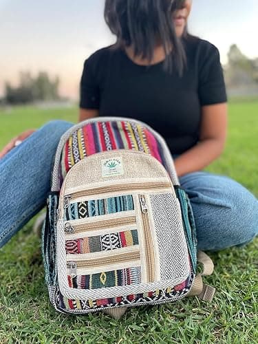 AUNERCART Hemp Backpack Cotton Canvas Stripe 13 Inch Laptop Tab Business Traveling Bag Himalayan Backpack College Gift Bag Casual Daypack 13 x 11 x 5 Inches thumbnail 2