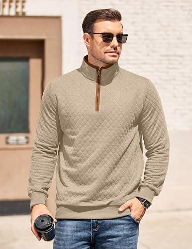 COOFANDY Mens Quarter Zip Pullover Mock Neck Quilted Sweatshirt Casual Long Sleeve Polo Sweater thumbnail 2