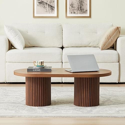 RUSTYER Oval Fluted Coffee Table, Farmhouse Wood Coffee Table Mid Century Modern Center Table Boho Living Room Tables for Living Room Office (Walnut, 19.69" D x 39.38" W x 13.78" H) - Walnut - 19.69"D x 39.38"W x 13.78"H thumbnail 4