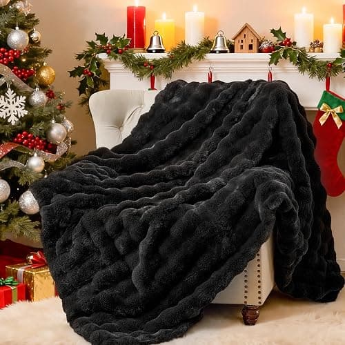 Wajade Fluffy Faux Fur Throw Blanket for Couch Bed 50x60 Inches, Luxury Ultra Soft Thick Fuzzy Plush Bubble Blanket, Reversible Warm Cozy Blanket for Sofa Chair, Black thumbnail 2