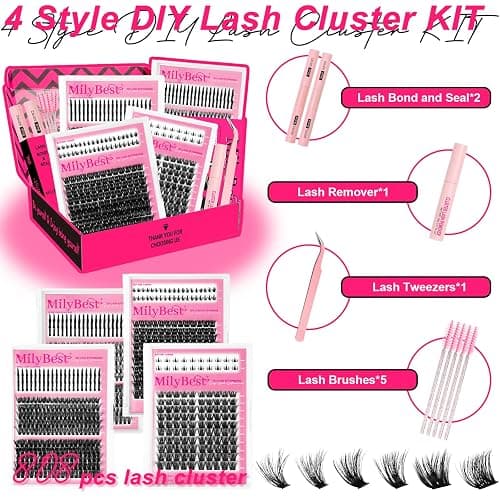 MilyBest Lash Clusters Kit 808Pcs Eyelash Clusters with Spikes and Bottom Lashes Clusters D Curl 4 Styles Lash Kit Fluffy DIY Individual Eyelashes Glue Wispy Cluster Eyelash Extensions Kit De Pestañas thumbnail 2