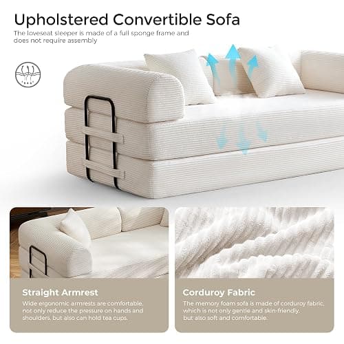 SAVENICA 79" Corduroy Floor Sofa Bed, Convertible Modular Sleeper Sofa, Removable Parts Design, Comfortable Seating and Sleeping, for Family Use, Relaxation Area (Beige White) thumbnail 7