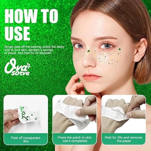 Ovasorve St Patricks Day Accessories Metallic Gold & Green Shamrock Freckles Temporary Tattoos - Shimmer Foil Clover Face Stickers for Women Girls, Waterproof Sparkle Irish Party Makeup (8 Sheets) thumbnail 8