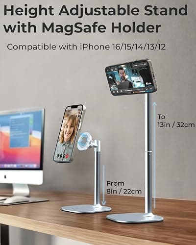 COOPER MagStand, Adjustable Magnetic iPhone Stand for Desk & Phone Holder for Video Recording, Compatible with MagSafe, Stand for iPhone 17 Pro Max, 16/15/14/13/12, Small Mag Safe Tripod (White) thumbnail 2