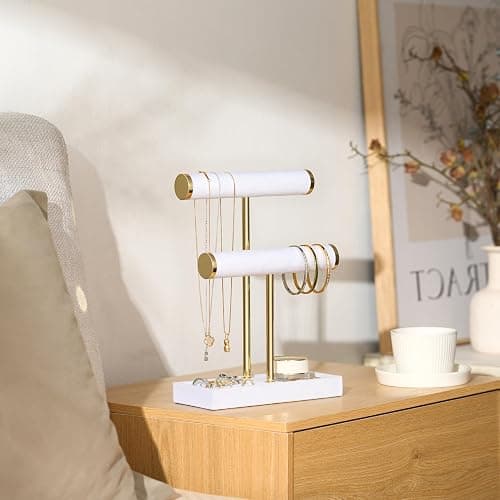 Josmimic Schmuck Organizer mit 2 Ebenen - Weiß Schmuckständer Armbänder, Abnehmbarer T-Steg Schmuck Ständer, Samt-Armbandhalter, Schmuckhalter für Armband, Halskette, Uhren, Ringe thumbnail 7