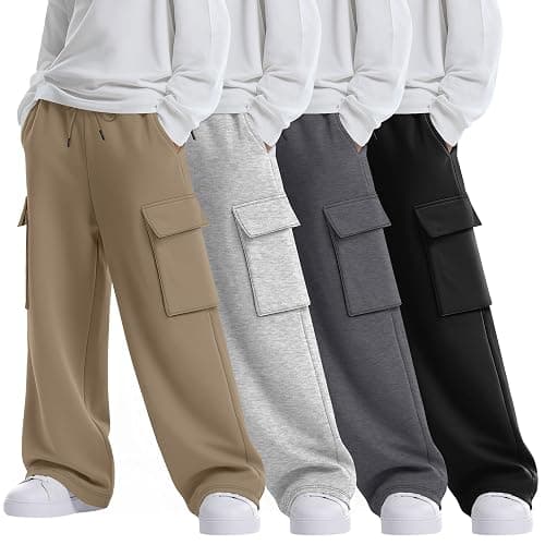 LessonZoo 4 Pack Boys' Cargo Sweatpants Elastic Drawstring Open Bottom Active Pants Casual Workout Joggers with 4 Pockets - Image 1