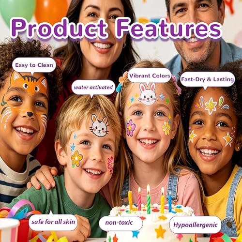 Face Painting Kit for kids, 52 Colors Professional Face Paint Makeup Kit Non-Toxic Water Activated Facepaint Palette, glitter gel, brushes, sponges, stencils for party Halloween School Event Festivals thumbnail 3