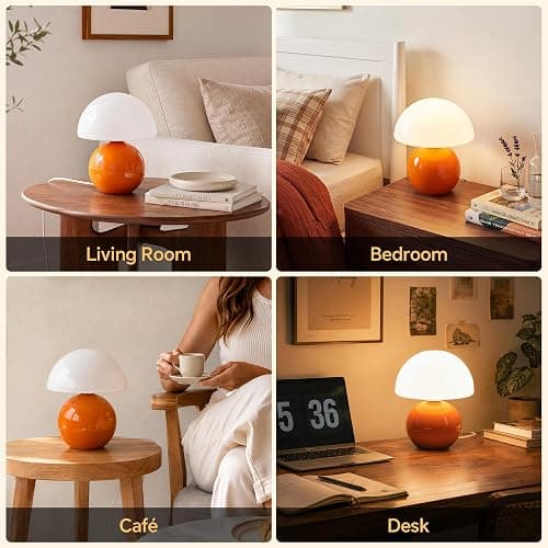 Dawnwake Mushroom Lamp Table Lamp for Bedroom-Small Desk Table Lamps,Orange | 8.7" Mid Century Modern Table Lamps for Living Room Bedroom Decor,Cute Ceramic Lamps for Mushroom Home Room Decor,Glass Shade thumbnail 8