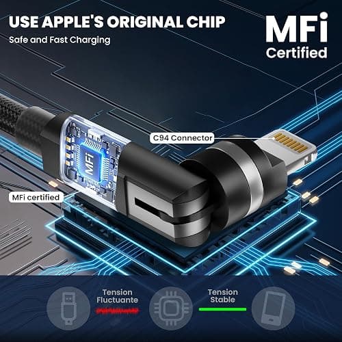 90 Degree iPhone Charger Swivel Head Cable - 6.6FT Rotating Lightning Charging Cable Nylon Braided 180 & 360 Degree Right Angle Swivel Lightning Cord with Fast Charging, Data Sync, CarPlay for iPhone thumbnail 4